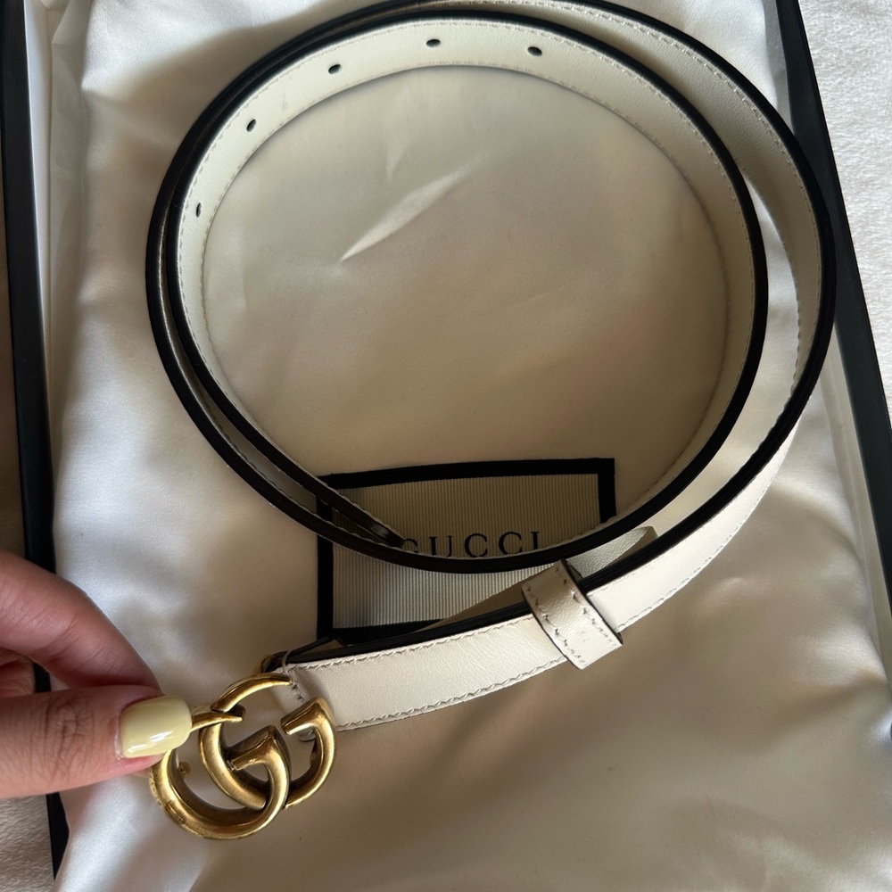 Gucci GG Marmont Thin Women’s Belt White Leather and Gold Size 75